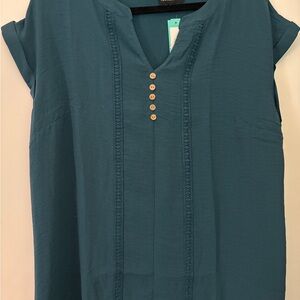 Fortune + Ivy Blouse Women's V-Neck Dark Green XXL Short Sleeve Casual Top